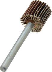 Merit Abrasives - 3/8" Diam x 3/8" Face Width, Extra Fine Aluminum Oxide Coated Mounted Flap Wheel - 1/8" Shank Mount, 320 Grit, Cloth Backing, 40,000 Max RPM - Apex Tool & Supply
