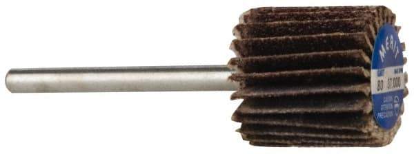 Merit Abrasives - 5/8" Diam x 5/8" Face Width, Medium Aluminum Oxide Coated Mounted Flap Wheel - 1/8" Shank Mount, 80 Grit, Cloth Backing, 37,000 Max RPM - Apex Tool & Supply
