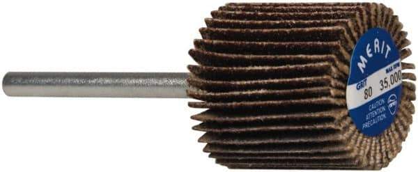 Merit Abrasives - 3/4" Diam x 3/4" Face Width, Medium Aluminum Oxide Coated Mounted Flap Wheel - 1/8" Shank Mount, 80 Grit, Cloth Backing, 35,000 Max RPM - Apex Tool & Supply