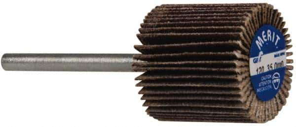 Merit Abrasives - 3/4" Diam x 3/4" Face Width, Fine Aluminum Oxide Coated Mounted Flap Wheel - 1/8" Shank Mount, 120 Grit, Cloth Backing, 35,000 Max RPM - Apex Tool & Supply