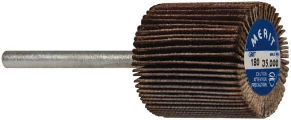 Merit Abrasives - 3/4" Diam x 3/4" Face Width, Very Fine Aluminum Oxide Coated Mounted Flap Wheel - 1/8" Shank Mount, 180 Grit, Cloth Backing, 35,000 Max RPM - Apex Tool & Supply