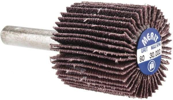 Merit Abrasives - 1" Diam x 1" Face Width, Medium Aluminum Oxide Coated Mounted Flap Wheel - 1/4" Shank Mount, 80 Grit, Cloth Backing, 30,000 Max RPM - Apex Tool & Supply