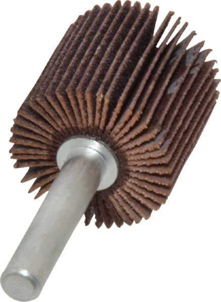 Merit Abrasives - 1" Diam x 1" Face Width, Fine Aluminum Oxide Coated Mounted Flap Wheel - 1/4" Shank Mount, 120 Grit, Cloth Backing, 30,000 Max RPM - Apex Tool & Supply