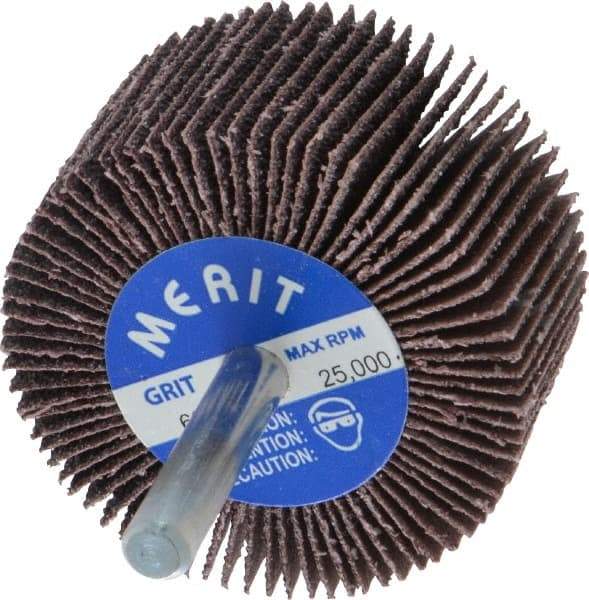 Merit Abrasives - 2" Diam x 1" Face Width, Medium Aluminum Oxide Coated Mounted Flap Wheel - 1/4" Shank Mount, 60 Grit, Cloth Backing, 25,000 Max RPM - Apex Tool & Supply