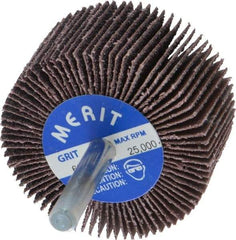 Merit Abrasives - 2" Diam x 1" Face Width, Medium Aluminum Oxide Coated Mounted Flap Wheel - 1/4" Shank Mount, 60 Grit, Cloth Backing, 25,000 Max RPM - Apex Tool & Supply