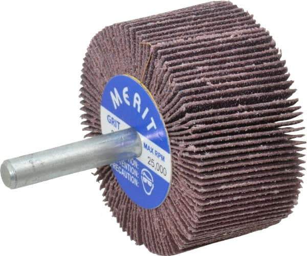 Merit Abrasives - 2" Diam x 1" Face Width, Medium Aluminum Oxide Coated Mounted Flap Wheel - 1/4" Shank Mount, 80 Grit, Cloth Backing, 25,000 Max RPM - Apex Tool & Supply