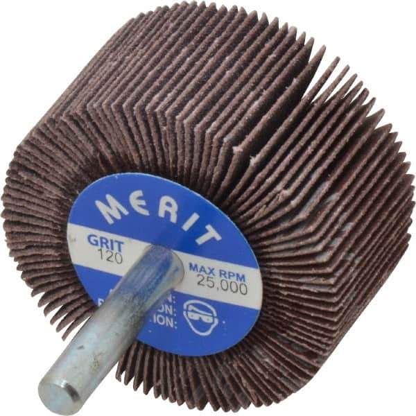 Merit Abrasives - 2" Diam x 1" Face Width, Fine Aluminum Oxide Coated Mounted Flap Wheel - 1/4" Shank Mount, 120 Grit, Cloth Backing, 25,000 Max RPM - Apex Tool & Supply