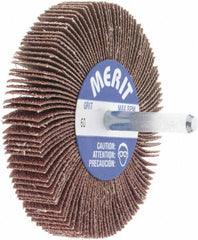 Merit Abrasives - 3" Diam x 1/2" Face Width, Medium Aluminum Oxide Coated Mounted Flap Wheel - 1/4" Shank Mount, 60 Grit, Cloth Backing, 20,000 Max RPM - Apex Tool & Supply