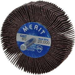 Merit Abrasives - 3" Diam x 1" Face Width, Medium Aluminum Oxide Coated Mounted Flap Wheel - 1/4" Shank Mount, 60 Grit, Cloth Backing, 20,000 Max RPM - Apex Tool & Supply