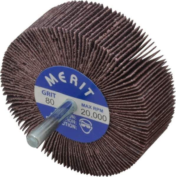 Merit Abrasives - 3" Diam x 1" Face Width, Medium Aluminum Oxide Coated Mounted Flap Wheel - 1/4" Shank Mount, 80 Grit, Cloth Backing, 20,000 Max RPM - Apex Tool & Supply