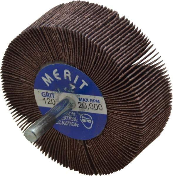 Merit Abrasives - 3" Diam x 1" Face Width, Fine Aluminum Oxide Coated Mounted Flap Wheel - 1/4" Shank Mount, 120 Grit, Cloth Backing, 20,000 Max RPM - Apex Tool & Supply