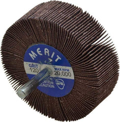 Merit Abrasives - 3" Diam x 1" Face Width, Fine Aluminum Oxide Coated Mounted Flap Wheel - 1/4" Shank Mount, 120 Grit, Cloth Backing, 20,000 Max RPM - Apex Tool & Supply