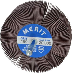 Merit Abrasives - 3" Diam x 1" Face Width, Very Fine Aluminum Oxide Coated Mounted Flap Wheel - 1/4" Shank Mount, 180 Grit, Cloth Backing, 20,000 Max RPM - Apex Tool & Supply