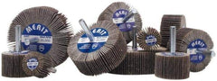 Merit Abrasives - 2" Diam x 1" Face Width, Fine Aluminum Oxide Coated Mounted Flap Wheel - 1/4" Shank Mount, 120 Grit, 30,000 Max RPM - Apex Tool & Supply