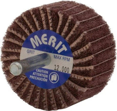Merit Abrasives - 2" Diam x 1" Face Width, Very Fine Aluminum Oxide Nonwoven & Coated Mounted Flap Wheel - 1/4" Shank Mount, 180 Grit, Interleaf, X Weighted Cloth Backing, 12,000 Max RPM - Apex Tool & Supply