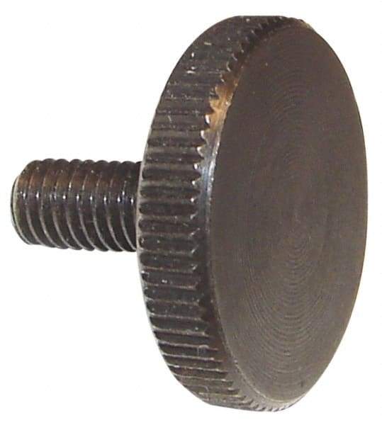 Morton Machine Works - M10x1.50 Knurled Shoulderless Grade C-1018 Steel Thumb Screw - 28mm OAL, 36mm Head Diam x 8mm Head Height, Black Oxide Finish - Apex Tool & Supply