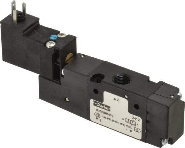 Parker - 1/8", 3-Way Body Ported Stacking Solenoid Valve - 24 VDC, 0.75 CV Rate, Air Return, 2.14" High x 4.2" Long - Apex Tool & Supply
