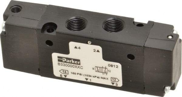 Parker - 1/8", 4-Way Body Ported Stacking Solenoid Valve - 0.75 CV Rate, Air Return, 1.13" High x 2.65" Long - Apex Tool & Supply