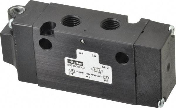 Parker - 1/4", 4-Way Body Ported Stacking Solenoid Valve - 1.4 CV Rate, Air Return, 1.89" High x 4.37" Long - Apex Tool & Supply