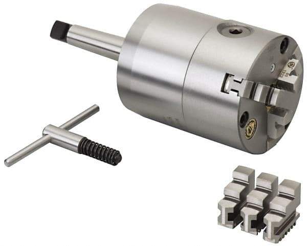 Bison - 3 Jaws, 6" Diam, Self Centering Manual Lathe Chuck - 5MT Mount Spindle, Adjustable, Reversible, 1,800 Max RPM, 1.97" Through Hole Diam, Forged Steel - Apex Tool & Supply