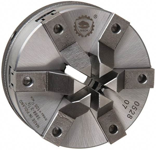 Bison - 6 Jaws, 5" Diam, Self Centering Manual Lathe Chuck - Plain Back Mount Spindle, 1,200 Max RPM, 1-1/2" Through Hole Diam, 0.0006" Axial Runout, Forged Steel - Apex Tool & Supply