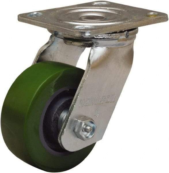 Hamilton - 4" Diam x 1-1/2" Wide x 5-5/8" OAH Top Plate Mount Swivel Caster - Polyurethane Mold onto Cast Iron Center, 550 Lb Capacity, Straight Roller Bearing, 4 x 4-1/2" Plate - Apex Tool & Supply