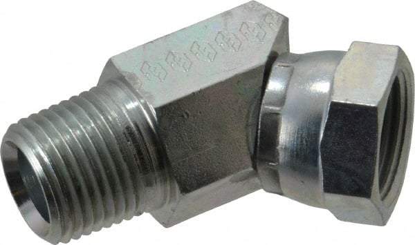 Eaton - 1/2-14 Male Thread x 1/2-14 Female Thread, Steel Industrial Pipe 45° Elbow Adapter - FNPSM x MNPT, 2,500 psi - Apex Tool & Supply