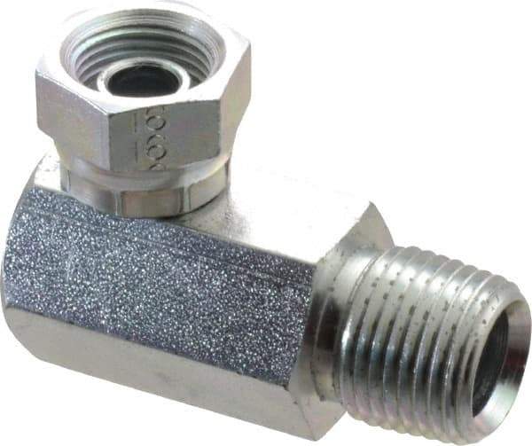 Weatherhead - 1/2-14 Male Thread x 3/8-18 Female Thread, Steel Industrial Pipe 90° Elbow Adapter - FNPSM x MNPT, 2,500 psi - Apex Tool & Supply