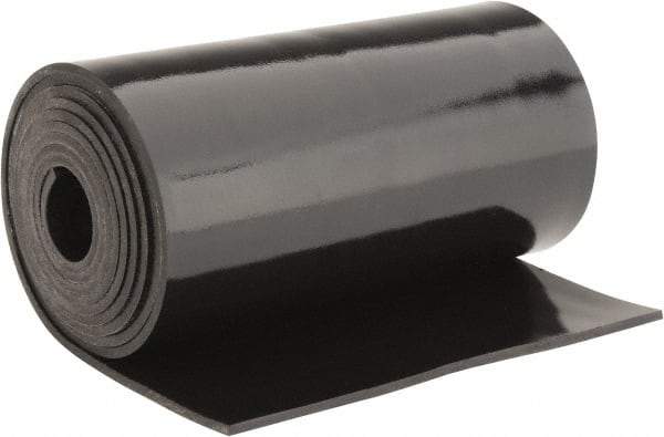 Made in USA - 1/8" Thick x 6" Wide x 5' Long Black Buna-N Rubber Roll - Stock Length, Plain Back, 50 Shore A Durometer, 2,500 psi Tensile Strength, -20°F to 170°F - Apex Tool & Supply