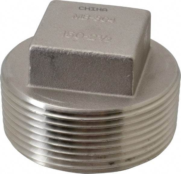 Merit Brass - 2-1/2" Grade 304 Stainless Steel Pipe Square Head Plug - MNPT End Connections, 150 psi - Apex Tool & Supply