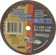 Norton - 3" Ceramic Cutoff Wheel - 1/16" Thick, 1/4" Arbor, 25,465 Max RPM, Use with Die Grinders - Apex Tool & Supply