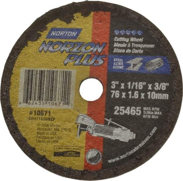 Norton - 3" Ceramic Cutoff Wheel - 1/16" Thick, 3/8" Arbor, 25,465 Max RPM, Use with Die Grinders - Apex Tool & Supply