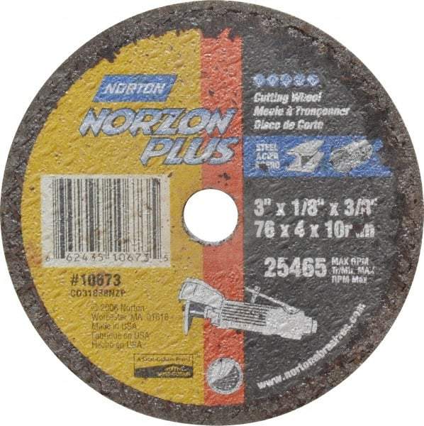 Norton - 3" Ceramic Cutoff Wheel - 1/8" Thick, 3/8" Arbor, 25,465 Max RPM, Use with Die Grinders - Apex Tool & Supply