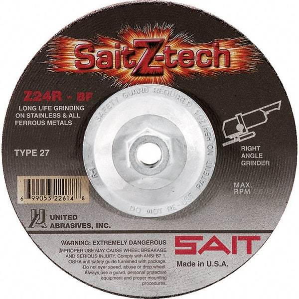 Sait - 24 Grit, 4-1/2" Wheel Diam, 1/4" Wheel Thickness, Type 27 Depressed Center Wheel - Zirconia Alumina, Resinoid Bond, R Hardness, 13,300 Max RPM, Compatible with Angle Grinder - Apex Tool & Supply