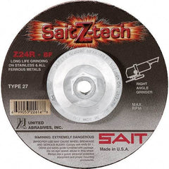 Sait - 24 Grit, 4-1/2" Wheel Diam, 1/4" Wheel Thickness, Type 27 Depressed Center Wheel - Zirconia Alumina, Resinoid Bond, R Hardness, 13,300 Max RPM, Compatible with Angle Grinder - Apex Tool & Supply
