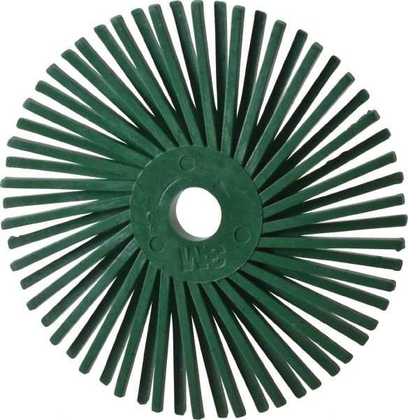 3M - 3" Diam, 3/8" Max Face Width, Plain Hole Radial Bristle Brush - 50 Grit, Coarse Grade, 25,000 Max RPM, Green - Apex Tool & Supply