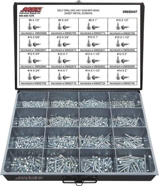 Value Collection - 1,025 Piece, #8x3/4 to 1/4x2, Steel Sheet Metal Screw Assortment - Hex Washer Head, Hex Drive, 1/2 to 2" Long, Zinc-Plated Finish - Apex Tool & Supply