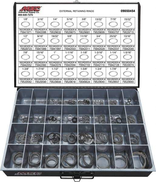 Value Collection - 665 Piece, 1/8 to 2", SpRing Assortment Steel, Snap External Retaining Ring Assortment - Includes Compartmented Case - Apex Tool & Supply