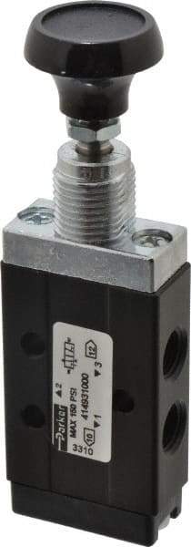 Parker - 0.20 CV Rate, 1/8" NPT Inlet Direct Air 2 Mechanical Spool Valve - 3 Way, 2 Position, Manual Return, Button Push Pull, 150 Max psi - Apex Tool & Supply