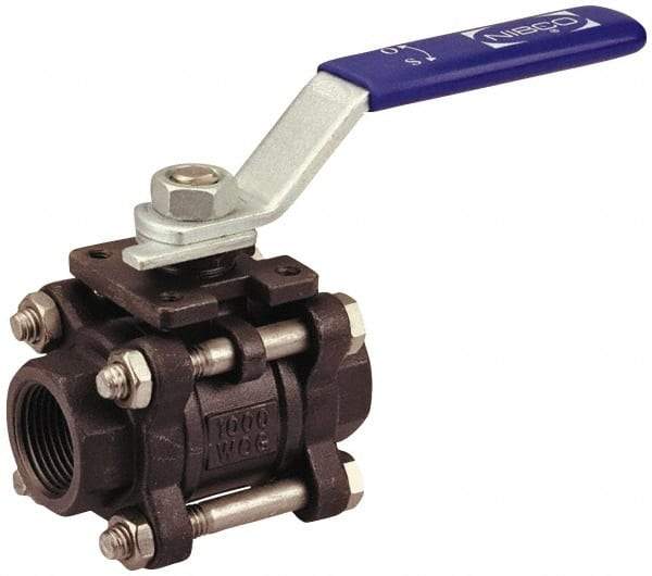 NIBCO - 3/4" Pipe, Full Port, Carbon Steel Standard Ball Valve - 3 Piece, Inline - One Way Flow, FNPT x FNPT Ends, Locking Lever Handle, 1,000 WOG - Apex Tool & Supply