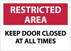 NMC - "Restricted Area - Keep Door Closed at All Times", 10" Long x 14" Wide, Aluminum Safety Sign - Rectangle, 0.04" Thick, Use for Security & Admittance - Apex Tool & Supply