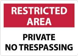 NMC - "Restricted Area - Private No Trespassing", 10" Long x 14" Wide, Aluminum Safety Sign - Rectangle, 0.04" Thick, Use for Security & Admittance - Apex Tool & Supply
