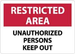 NMC - "Restricted Area - Unauthorized Persons Keep Out", 10" Long x 14" Wide, Aluminum Safety Sign - Rectangle, 0.04" Thick, Use for Security & Admittance - Apex Tool & Supply