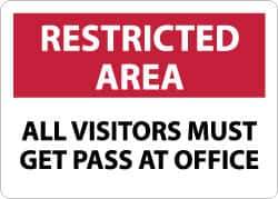 NMC - "Restricted Area - All Visitors Must Get Pass at Office", 10" Long x 14" Wide, Aluminum Safety Sign - Rectangle, 0.04" Thick, Use for Security & Admittance - Apex Tool & Supply