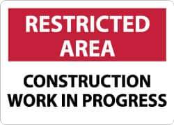 NMC - "Restricted Area - Construction Work in Progress", 10" Long x 14" Wide, Aluminum Safety Sign - Rectangle, 0.04" Thick, Use for Security & Admittance - Apex Tool & Supply