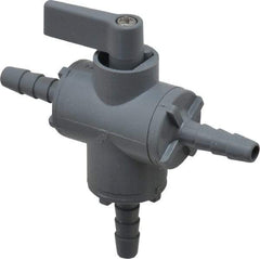 Specialty Mfr - 1/4" Pipe, PVC Standard Ball Valve - Three Way, Barbed x Barbed x Barbed Ends, Wedge Handle, 125 WOG - Apex Tool & Supply