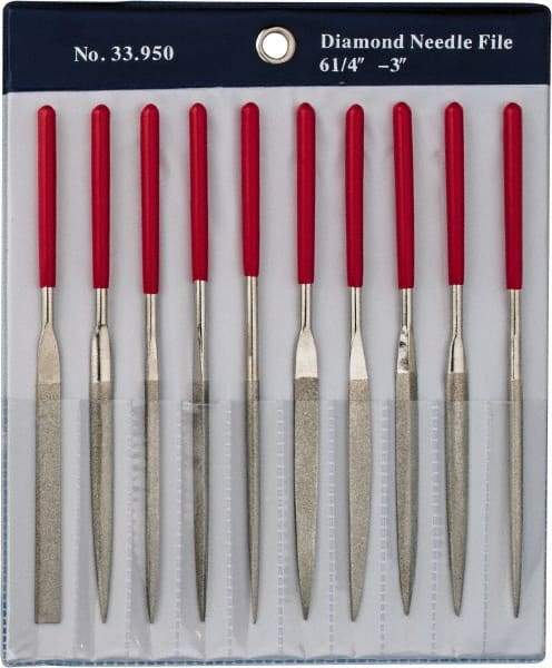 Grobet - 10 Piece Diamond Pattern File Set - 6-1/4" Long, Medium Coarseness, Set Includes Flat, Round, Square, Three Square - Apex Tool & Supply