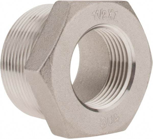Merit Brass - 1-1/2 x 1" Grade 304 Stainless Steel Pipe Hex Bushing - MNPT x FNPT End Connections, 150 psi - Apex Tool & Supply