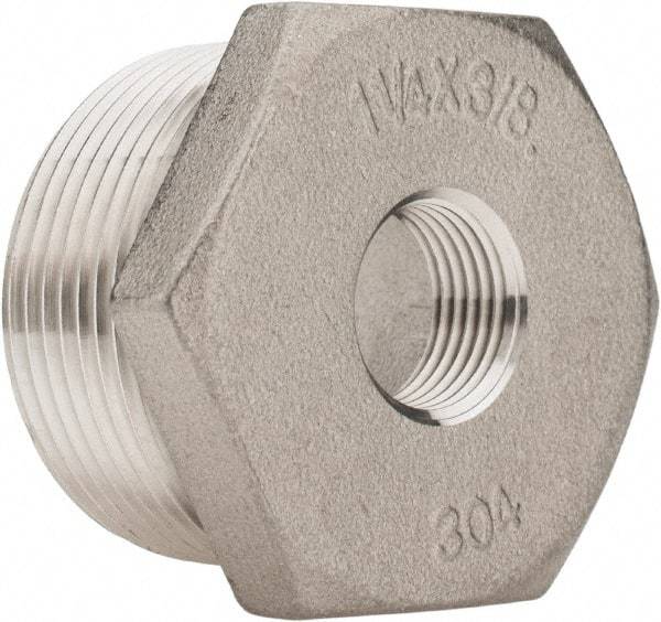 Merit Brass - 1-1/4 x 3/8" Grade 304 Stainless Steel Pipe Hex Bushing - MNPT x FNPT End Connections, 150 psi - Apex Tool & Supply