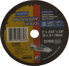 Norton - 3" Ceramic Cutoff Wheel - 0.035" Thick, 3/8" Arbor, 25,465 Max RPM, Use with Die Grinders - Apex Tool & Supply